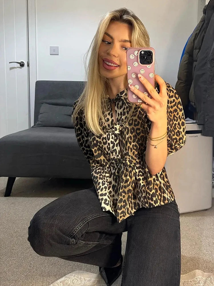 Leopard Shirts for Spring Loose Puff Sleeve Blouse Female Lace Up Cropped Top Ruffled