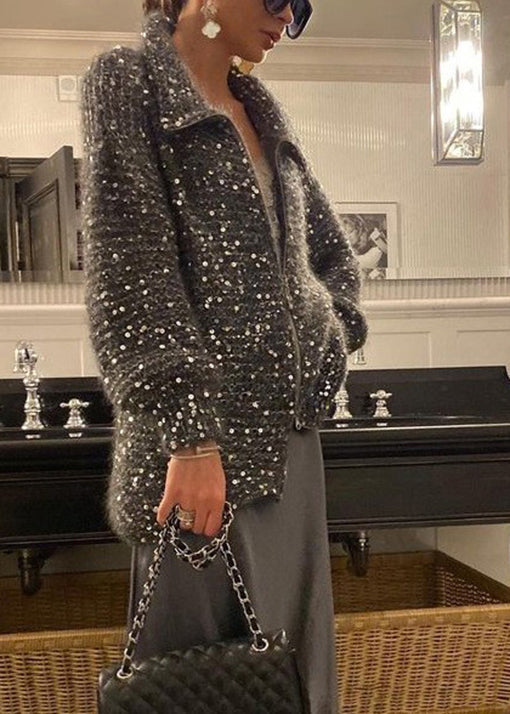 Light Camel Zip Up Sequins Knit Cardigan Spring Yy019