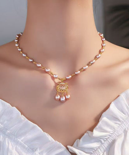 Light Purple Sterling Silver Overgild Pearl Safe Lock Pendant Necklace