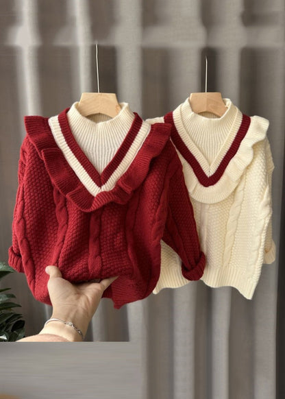 Mulberry Turtleneck Patchwork Fake Two Pieces Cotton Knit Kids Sweater Winter Wl043