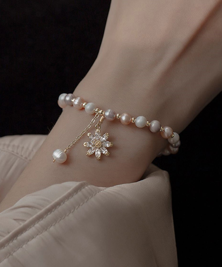 Multicolour Sterling Silver Overgild Zircon Pearl Sunflower Tassel Charm Bracelet