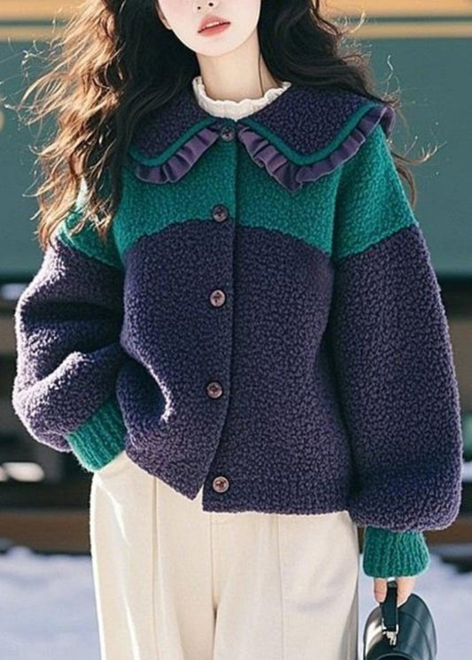 Navy Peter Pan Collar Ruffled Button Faux Fur Coat Spring Tn044