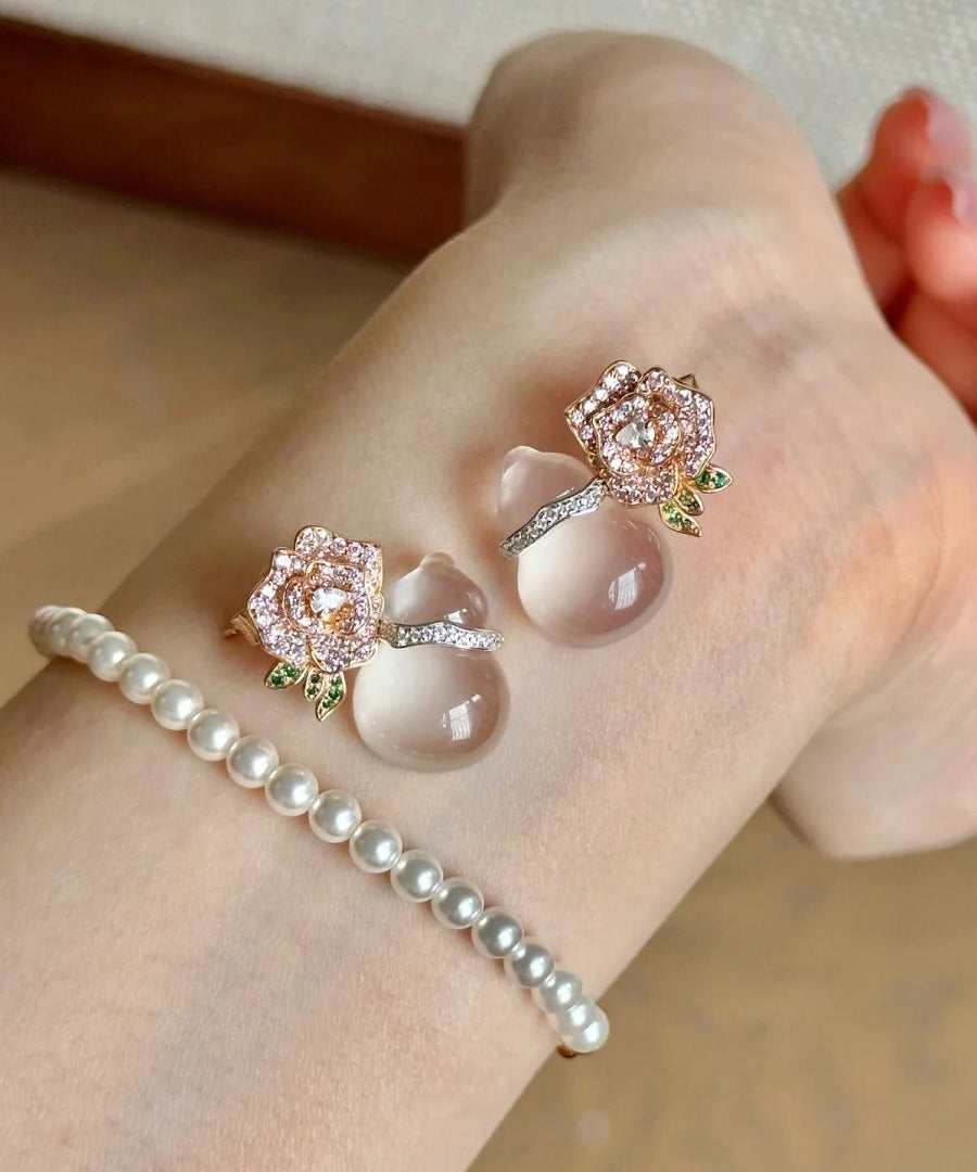 Nude Alloy Zircon Chalcedony Gourd Stud Earrings