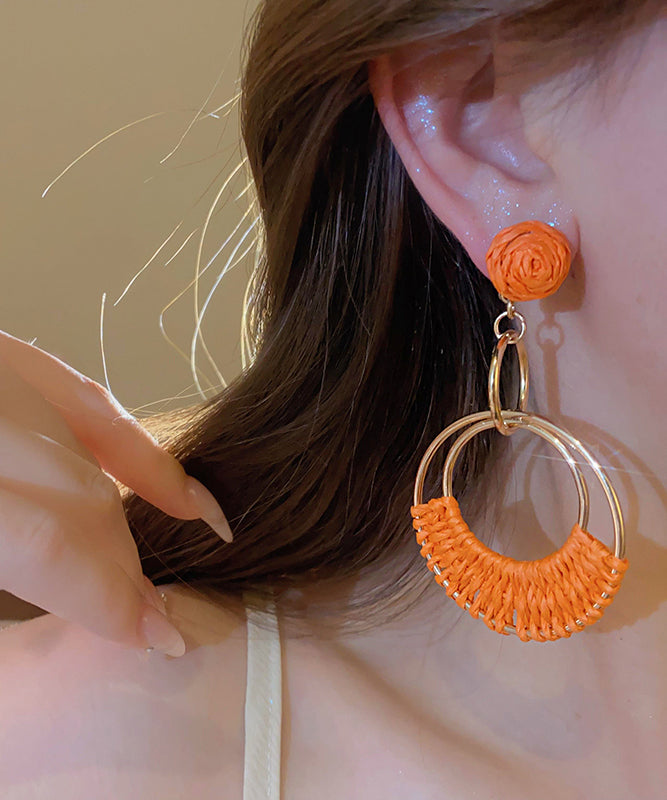 Orange Sterling Silver Alloy Straw Plaited Article Drop Earrings