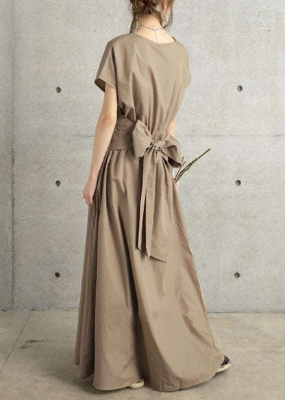 Fine Khaki V Neck Wrinkled Patchwork Cotton Long Dress Summer Ly1315