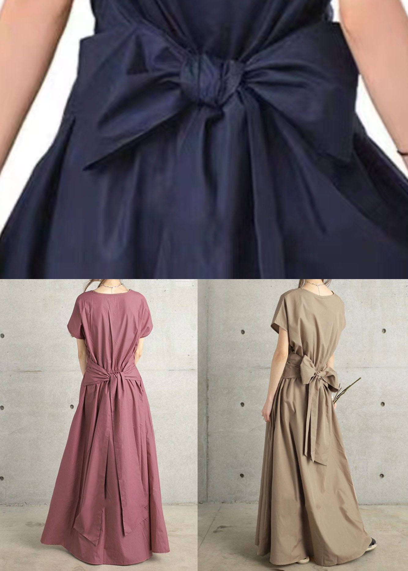 Navy Patchwork Cotton Long Dresses V Neck Wrinkled Summer Ly1319
