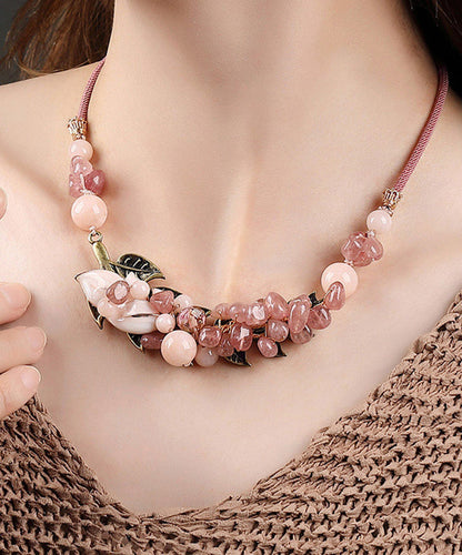 Pink Copper Overgild Cloisonne Coloured Glaze Strawberry Crystal Gratuated Bead Necklace