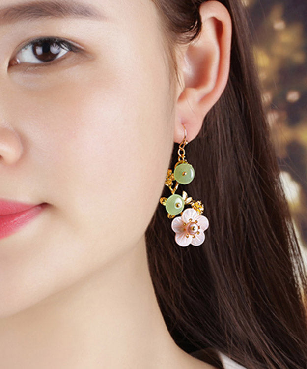 Pink Green Pearl Shell Flower Chalcedony Drop Earrings