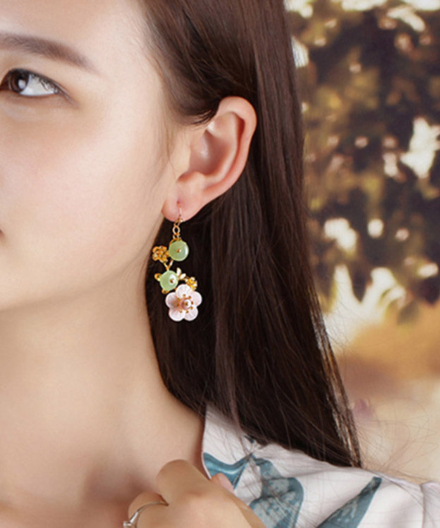 Pink Green Pearl Shell Flower Chalcedony Drop Earrings