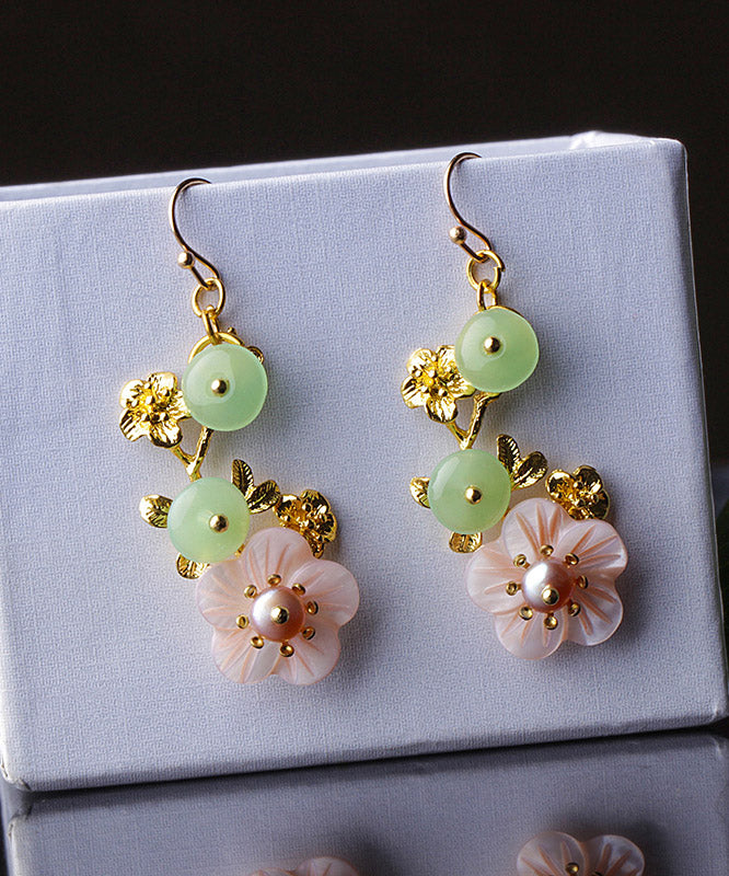 Pink Green Pearl Shell Flower Chalcedony Drop Earrings