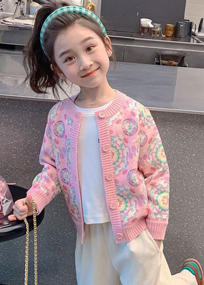 Pink Print Button Cotton Knit Kids Cardigan Spring Tp032