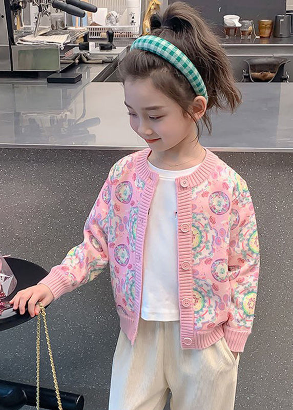 Pink Print Button Cotton Knit Kids Cardigan Spring Tp032