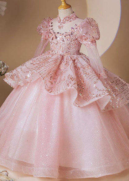 Pink Stand Collar Patchwork Tulle Long Dress Long Sleeve Yg010