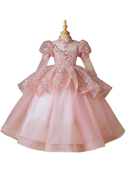 Pink Stand Collar Patchwork Tulle Long Dress Long Sleeve Yg010
