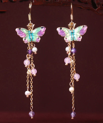 Pink Sterling Silver Pearl Chalcedony Butterfly Tassel Drop Earrings