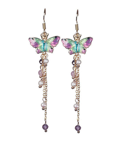 Pink Sterling Silver Pearl Chalcedony Butterfly Tassel Drop Earrings