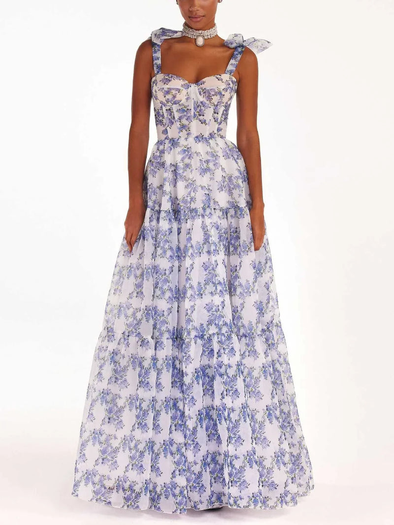 Printed Suspender Dress Backless Lace Up Long Dresses for Blue High Waist Loose Formal Evening Dress