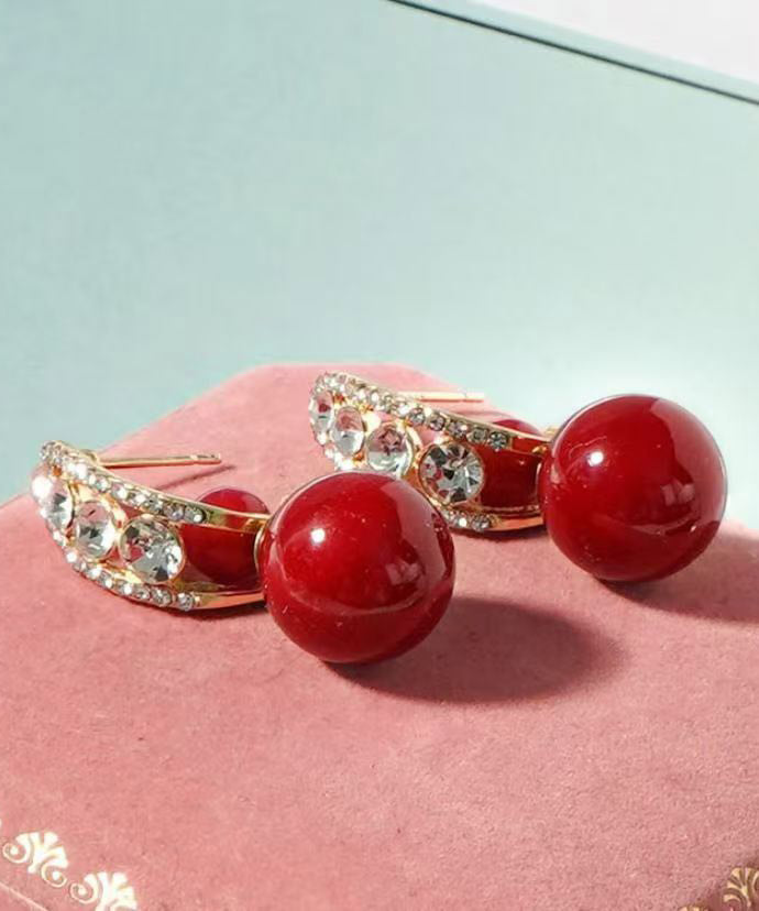 Red Copper Overgild Zircon Pearl Drop Earrings