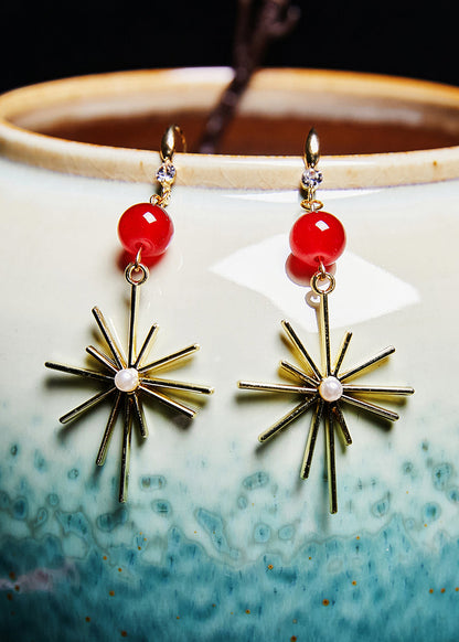 Red Gem Stone Fireworks Shape Drop Earrings