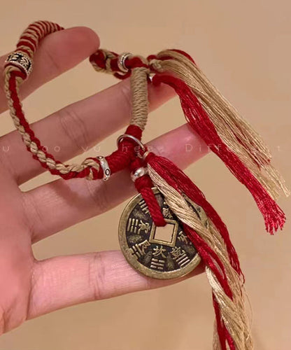Red Hand Knitting Copper Cash Chain Bracelet