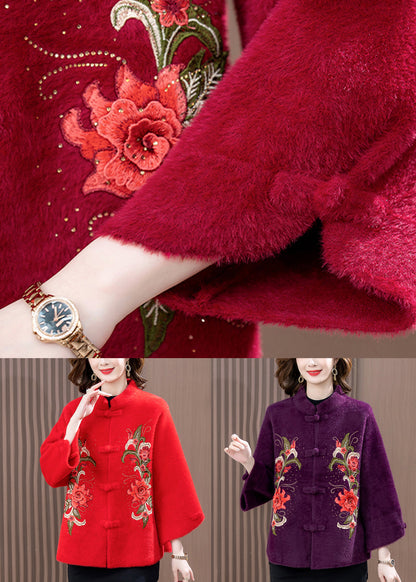 Red Print Patchwork Mink Velvet Woolen Coat Spring Ta022