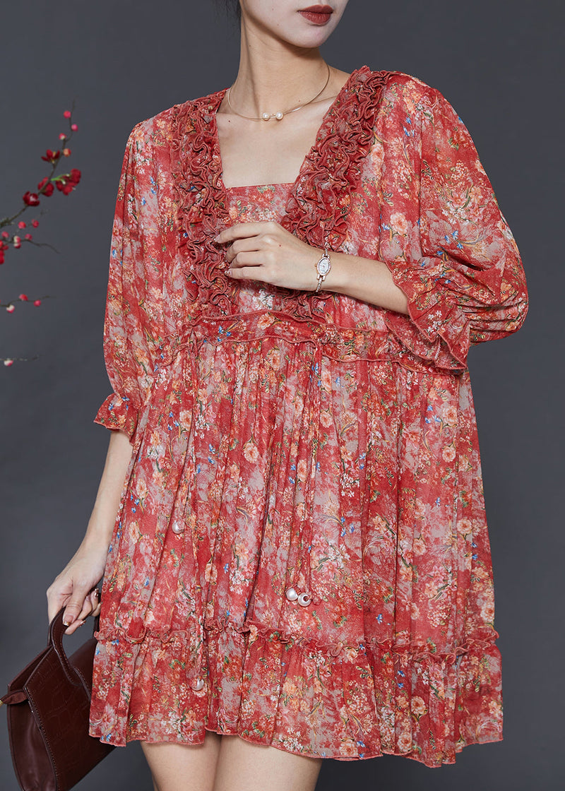 Red Ruffled Print Chiffon Mini Dress Summer Sd1091