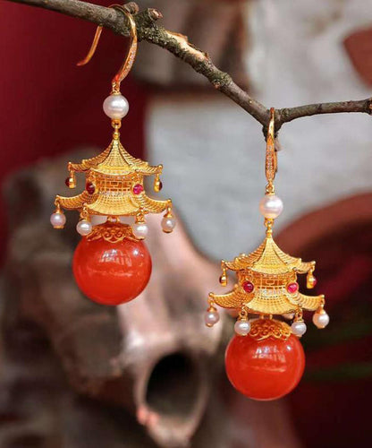 Red Sterling Silver Overgild Agate Pearl Pavilion Drop Earrings Gh1080
