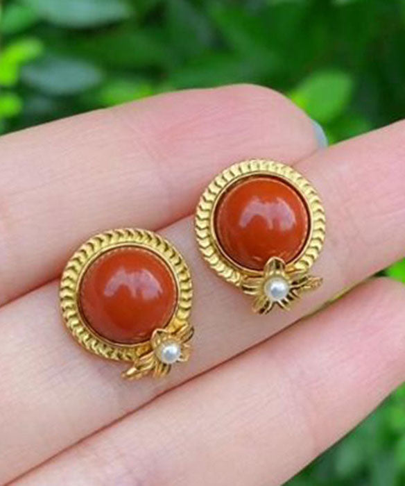 Red Sterling Silver Overgild Agate Pearl Stud Earrings