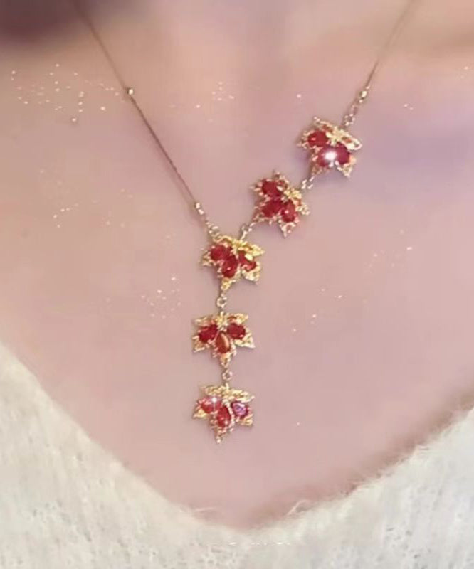 Red Sterling Silver Overgild Maple Leaf Pendant Necklace