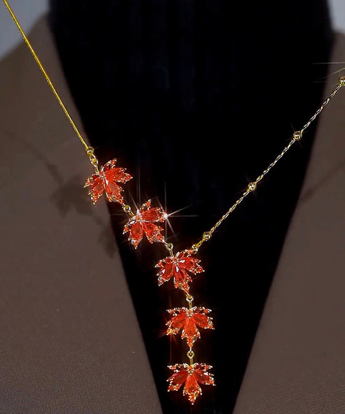 Red Sterling Silver Overgild Maple Leaf Pendant Necklace Ra031