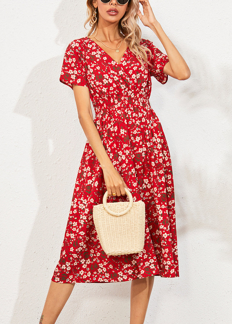 Red V Nec Print Long Dress Summer Ly1958