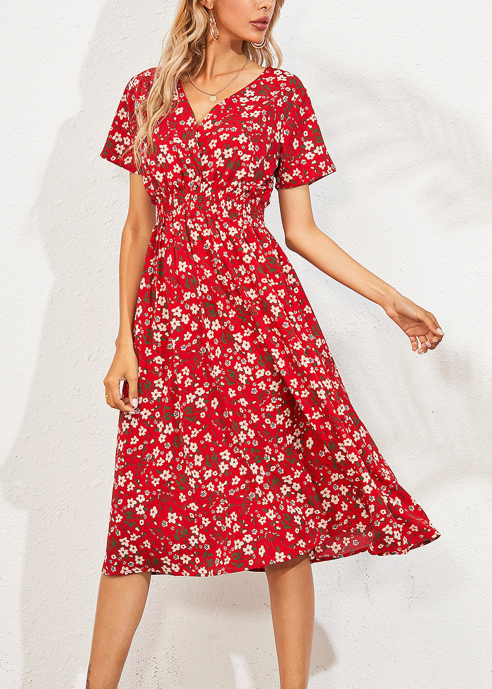 Red V Nec Print Long Dress Summer Ly1958