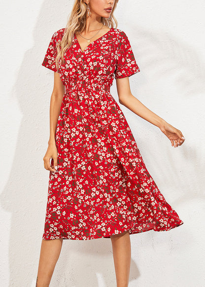 Red V Nec Print Long Dress Summer Ly1958