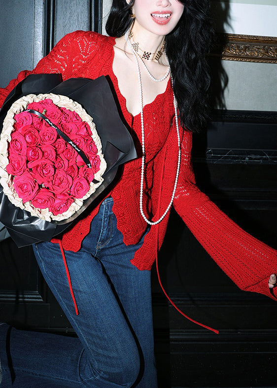 Red V Neck Tank and Cardigans Knit Two Pieces Set Fall Wn013