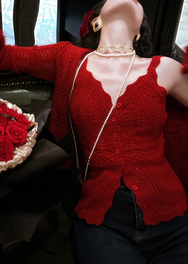 Red V Neck Tank and Cardigans Knit Two Pieces Set Fall Wn013