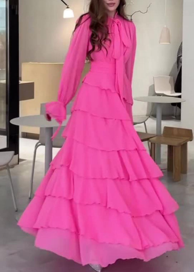 Rose Bow Ruffled Patchwork Chiffon Long Dress Fall Wo059