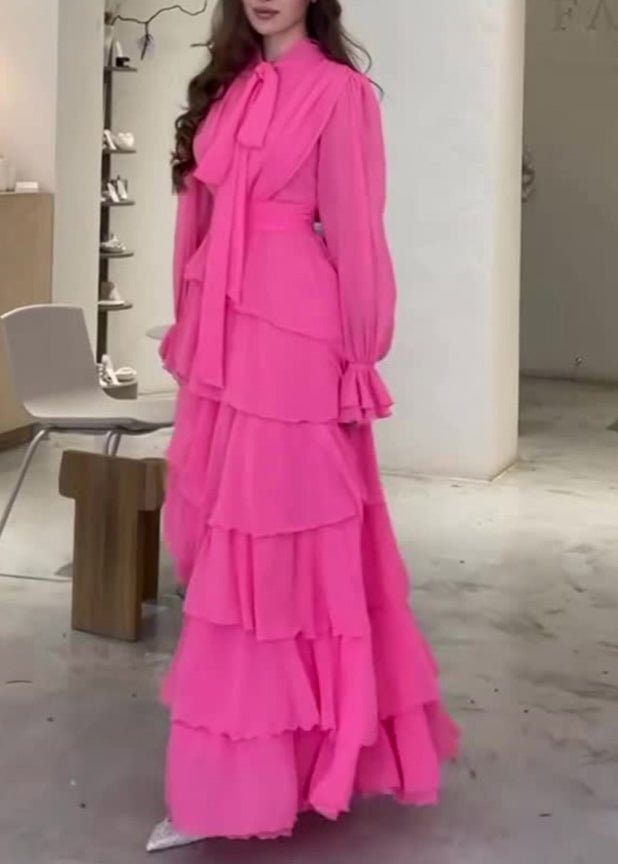 Rose Bow Ruffled Patchwork Chiffon Long Dress Fall Wo059