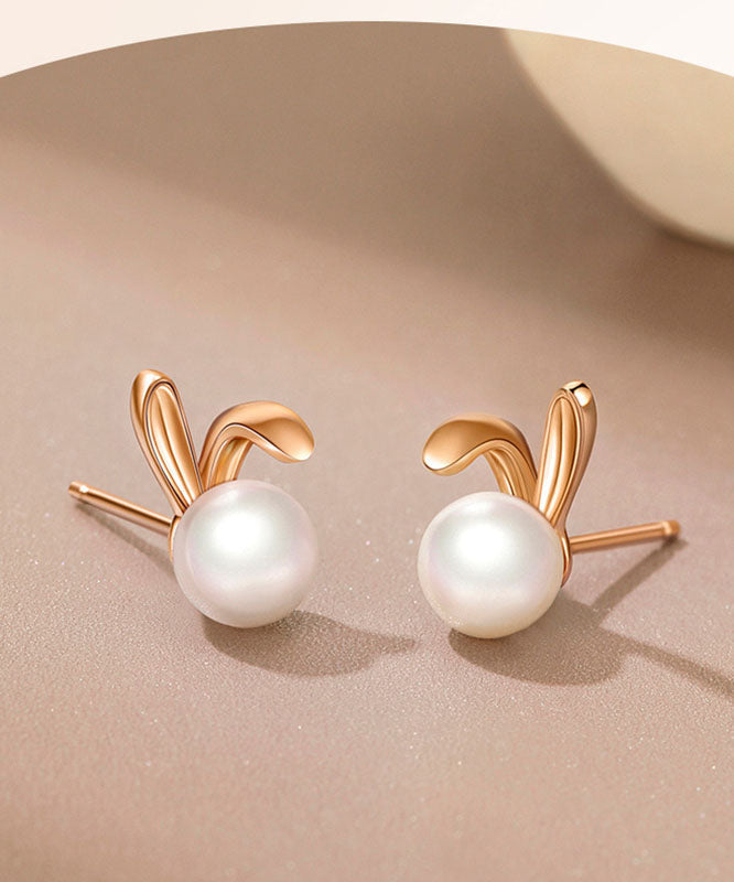 Rose Gold Rabbit Metal Pearl Stud Earrings