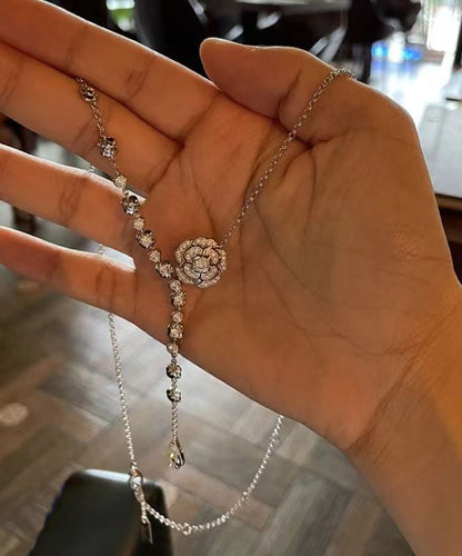 Silk Sterling Silver Zircon Rose Tassel Pendant Necklace