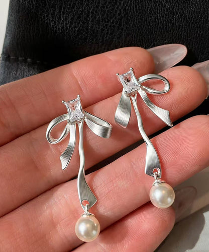 Silvery Bow Metal Pearl Pendant Fine Zircon Drop Earrings