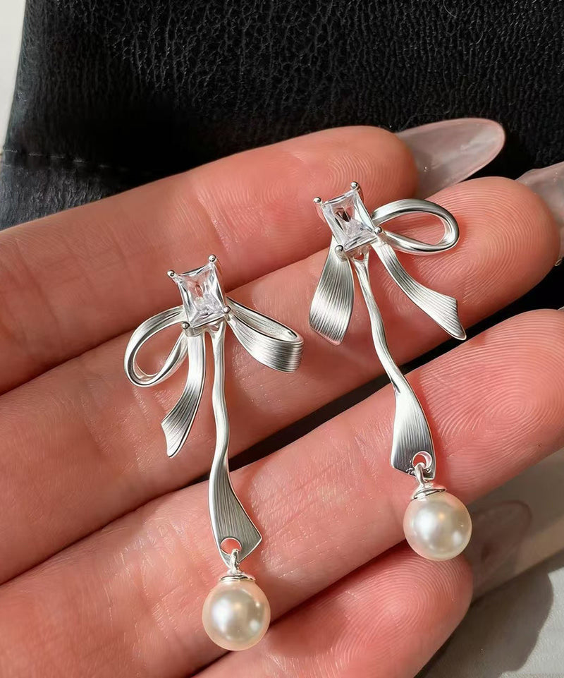 Silvery Bow Metal Pearl Pendant Fine Zircon Drop Earrings