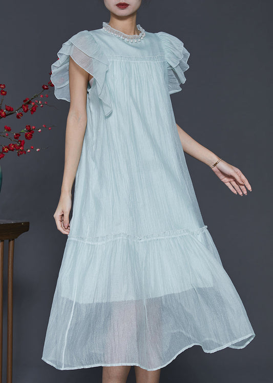 Sky Blue Ruffled Silk Maxi Dresses Summer Sd1099