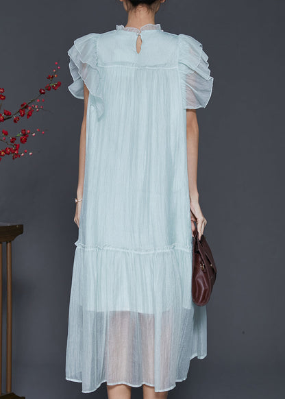 Sky Blue Ruffled Silk Maxi Dresses Summer Sd1099