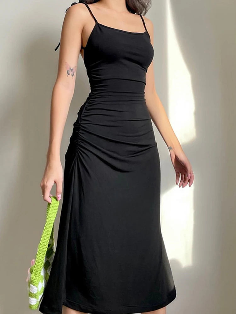 Strappy Black Irregular Backless Summer Clothes Midi Dresses