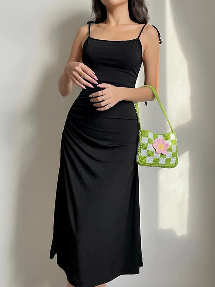 Strappy Black Irregular Backless Summer Clothes Midi Dresses