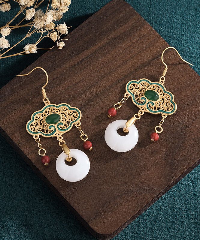 White Alloy Inlaid Gem Stone Jade Cloisonne Enamel Tassel Ping Buckle Drop Earrings