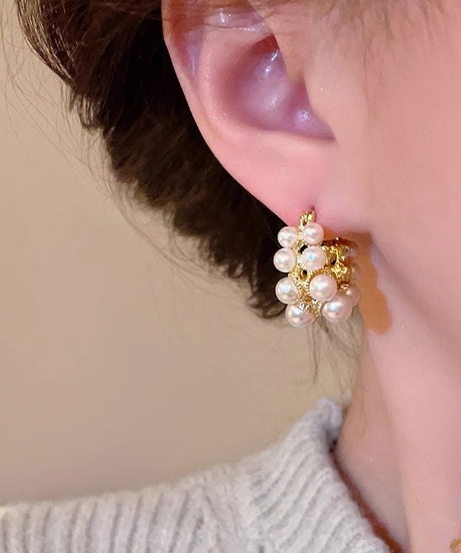 White Copper Alloy Asymmetrical Pearl Hoop Earrings