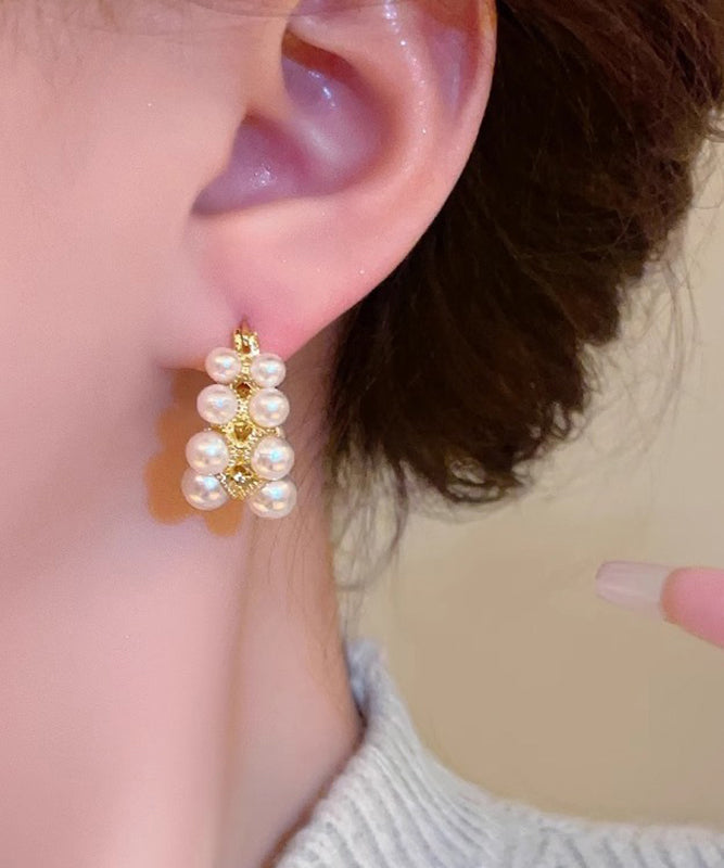 White Copper Alloy Asymmetrical Pearl Hoop Earrings