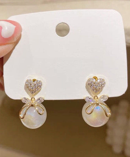 White Copper Overgild 14k Gold Pearl Zircon Bow Drop Earrings
