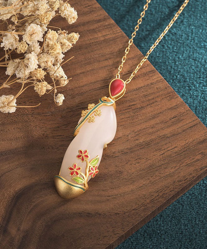 White Inlaid Jade Cloisonne Pendant Necklace